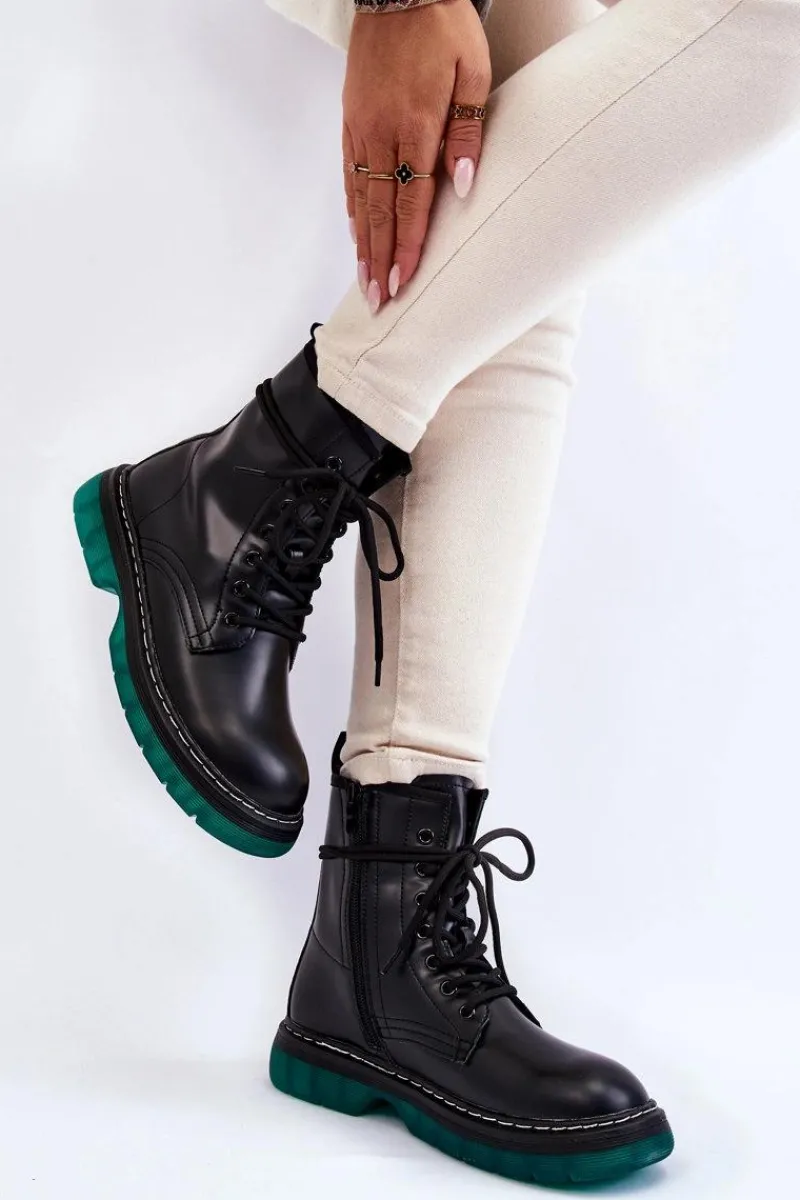 Botki Ocieplane|Botki Sznurowane>Evento Damskie Botki Glany Sznurowane Z Zieloną Podeszwą Czarne Trinah