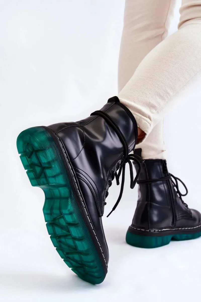 Botki Ocieplane|Botki Sznurowane>Evento Damskie Botki Glany Sznurowane Z Zieloną Podeszwą Czarne Trinah