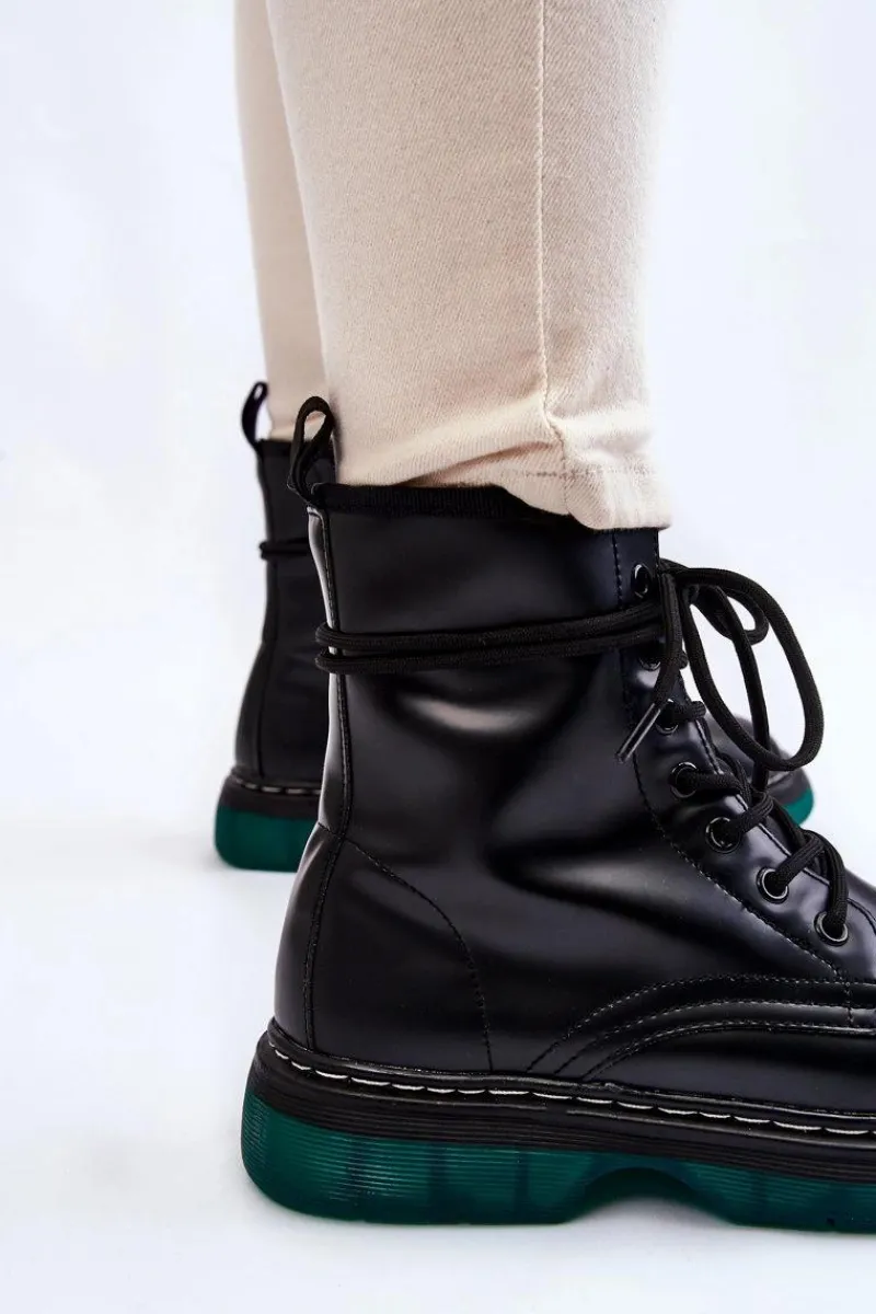 Botki Ocieplane|Botki Sznurowane>Evento Damskie Botki Glany Sznurowane Z Zieloną Podeszwą Czarne Trinah