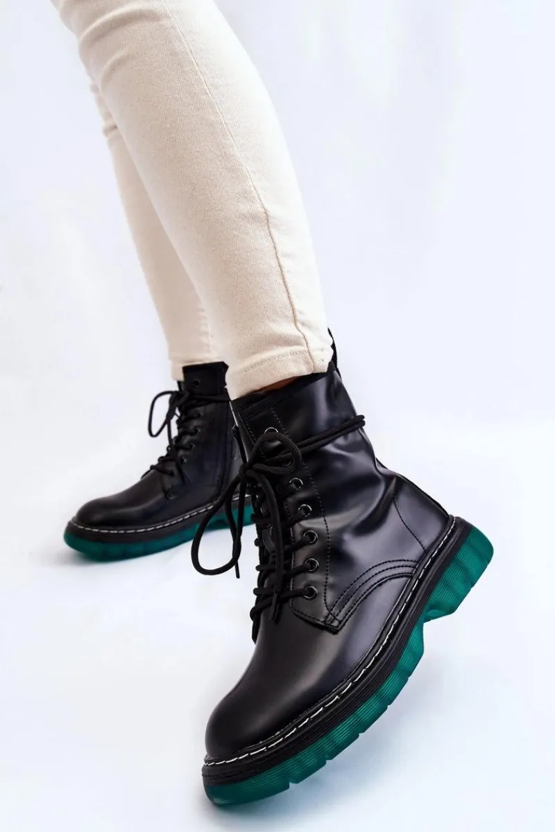 Botki Ocieplane|Botki Sznurowane>Evento Damskie Botki Glany Sznurowane Z Zieloną Podeszwą Czarne Trinah