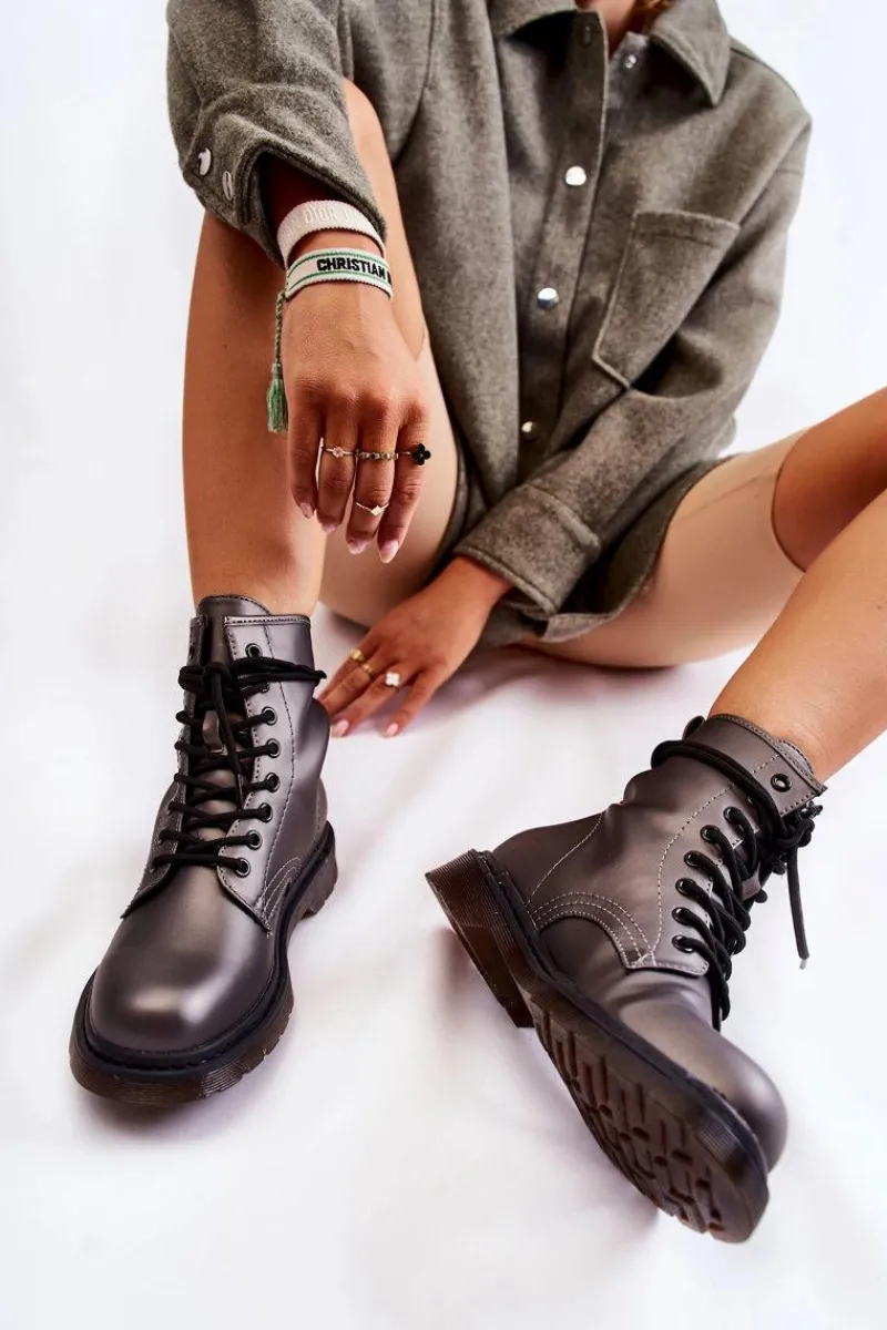 Botki Sznurowane|Botki Zimowe Damskie>Boto Damskie Botki Glany Wiązane Ciemnoszare Lavita