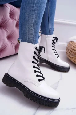 Damskie Botki Glany Workery Białe Barski 56-5 Damskie Botki Sznurowane|Botki Zimowe Damskie