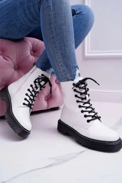 Damskie Botki Glany Workery Białe Barski 56-5 Damskie Botki Sznurowane|Botki Zimowe Damskie