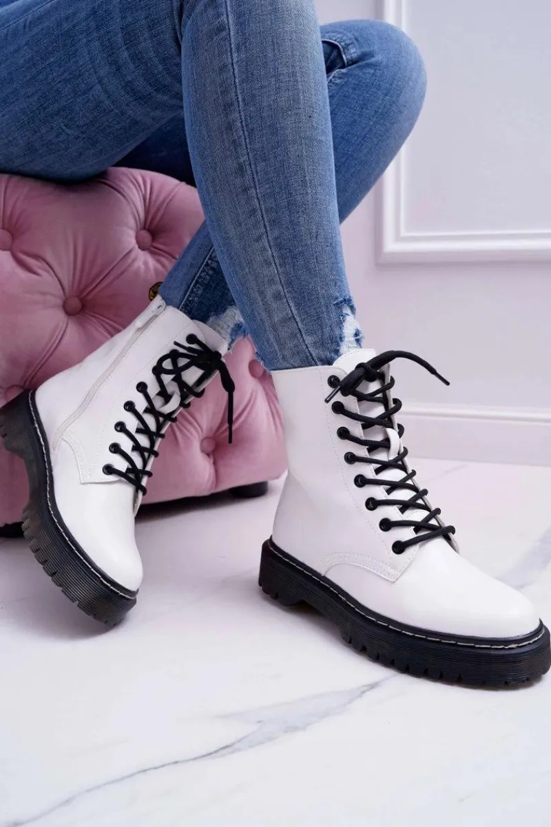 Damskie Botki Glany Workery Białe Barski 56-5 Damskie Botki Sznurowane|Botki Zimowe Damskie