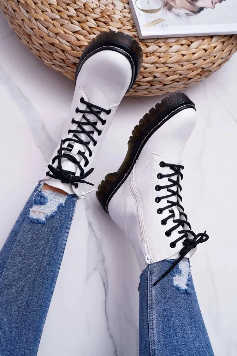 Damskie Botki Glany Workery Białe Barski 56-5 Damskie Botki Sznurowane|Botki Zimowe Damskie