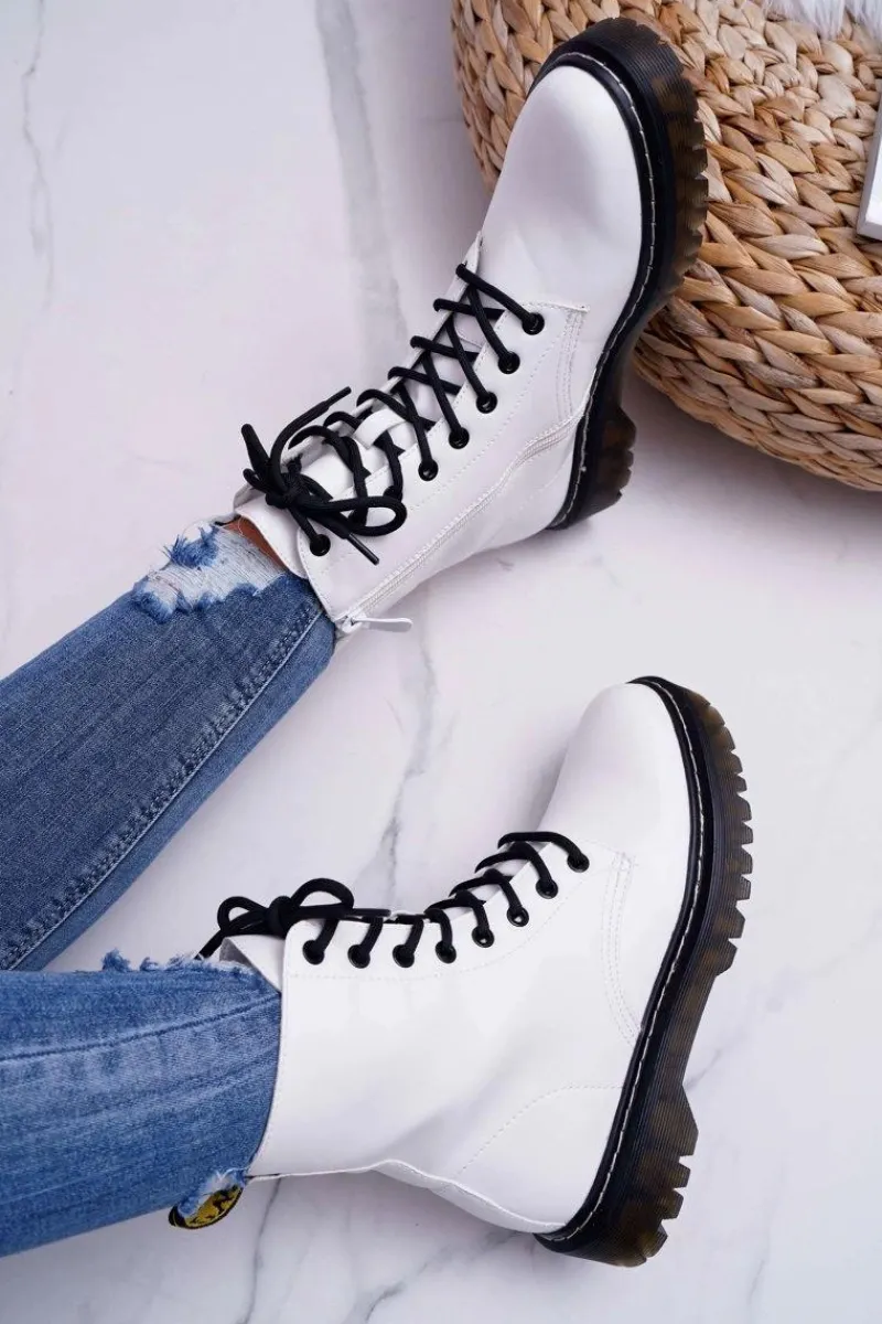 Damskie Botki Glany Workery Białe Barski 56-5 Damskie Botki Sznurowane|Botki Zimowe Damskie