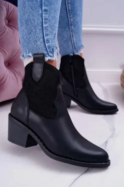 Botki Zimowe Damskie|Botki Na Obcasie>Damskie buty S.Barski Damskie Botki Kowbojki Czarne Barski 30-20