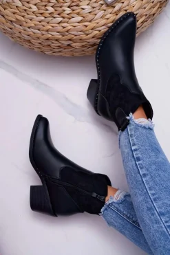 Botki Zimowe Damskie|Botki Na Obcasie>Damskie buty S.Barski Damskie Botki Kowbojki Czarne Barski 30-20