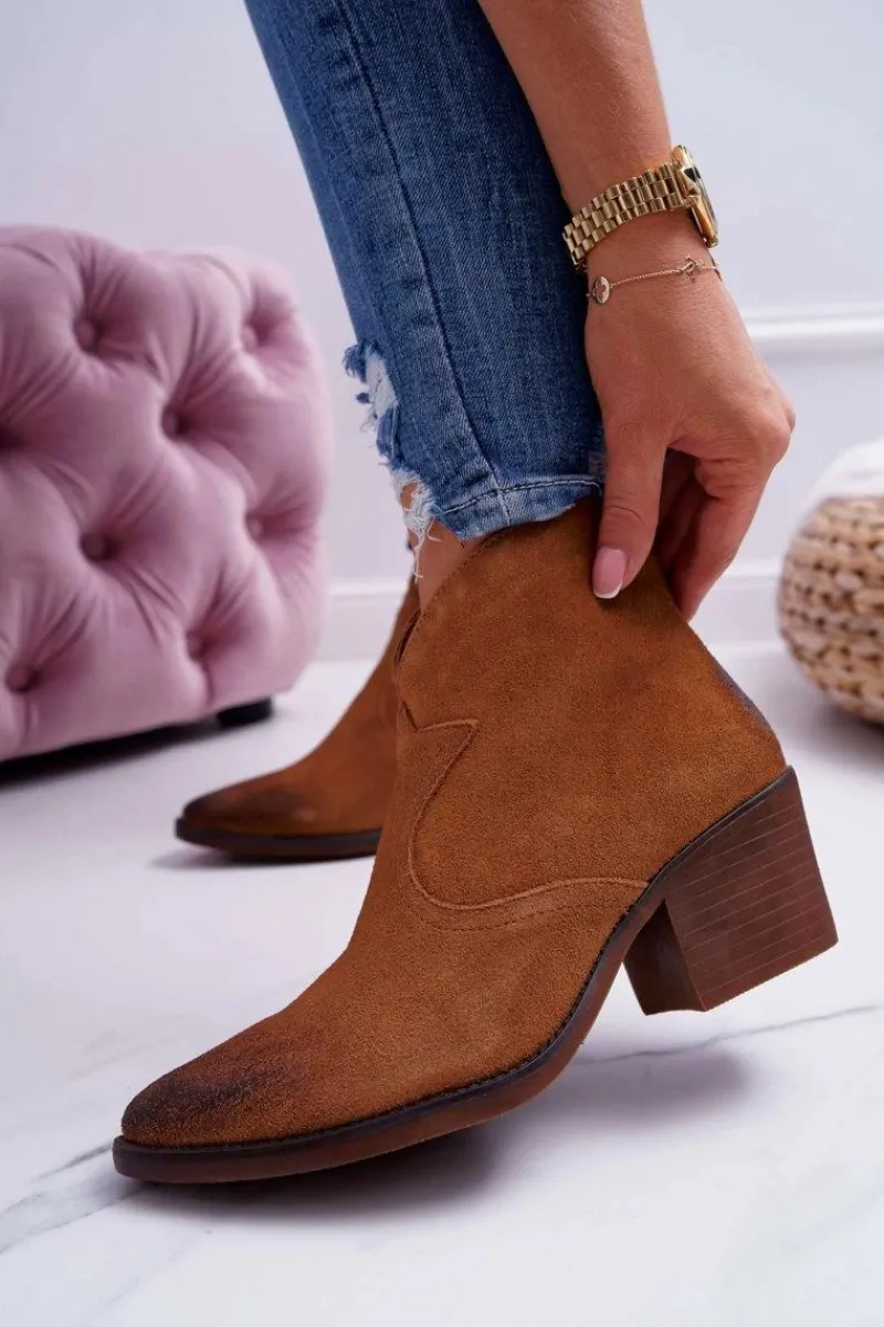 Discount Damskie Botki Kowbojki Zamszowe Camel Barski 1638 Damskie Botki Na Słupku|Botki Zimowe Damskie