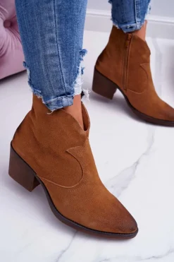 Discount Damskie Botki Kowbojki Zamszowe Camel Barski 1638 Damskie Botki Na Słupku|Botki Zimowe Damskie