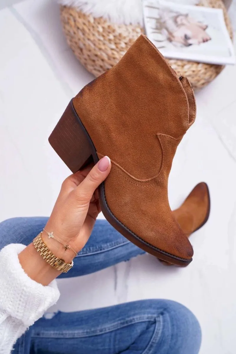 Discount Damskie Botki Kowbojki Zamszowe Camel Barski 1638 Damskie Botki Na Słupku|Botki Zimowe Damskie
