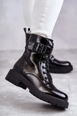 Outlet Damskie Botki Lakierowane Sznurowane Na Płaskim Obcasie Czarne Firmina Damskie Botki Ocieplane|Botki Sznurowane