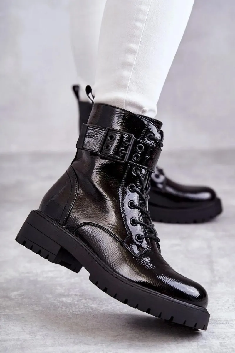 Outlet Damskie Botki Lakierowane Sznurowane Na Płaskim Obcasie Czarne Firmina Damskie Botki Ocieplane|Botki Sznurowane