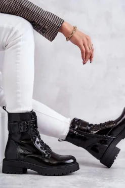 Outlet Damskie Botki Lakierowane Sznurowane Na Płaskim Obcasie Czarne Firmina Damskie Botki Ocieplane|Botki Sznurowane