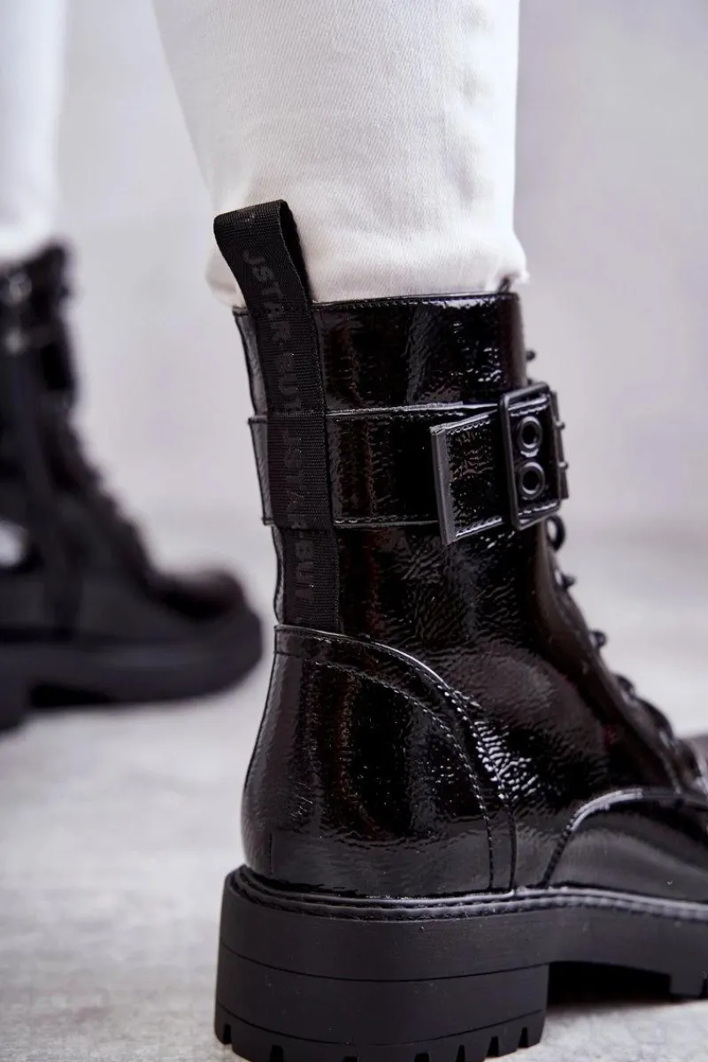 Outlet Damskie Botki Lakierowane Sznurowane Na Płaskim Obcasie Czarne Firmina Damskie Botki Ocieplane|Botki Sznurowane