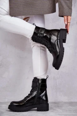 Outlet Damskie Botki Lakierowane Sznurowane Na Płaskim Obcasie Czarne Firmina Damskie Botki Ocieplane|Botki Sznurowane