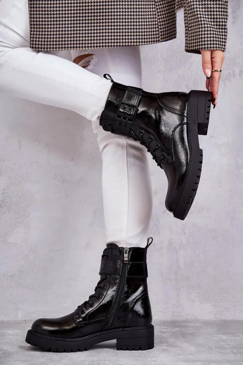 Outlet Damskie Botki Lakierowane Sznurowane Na Płaskim Obcasie Czarne Firmina Damskie Botki Ocieplane|Botki Sznurowane