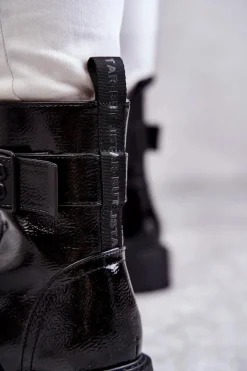 Outlet Damskie Botki Lakierowane Sznurowane Na Płaskim Obcasie Czarne Firmina Damskie Botki Ocieplane|Botki Sznurowane