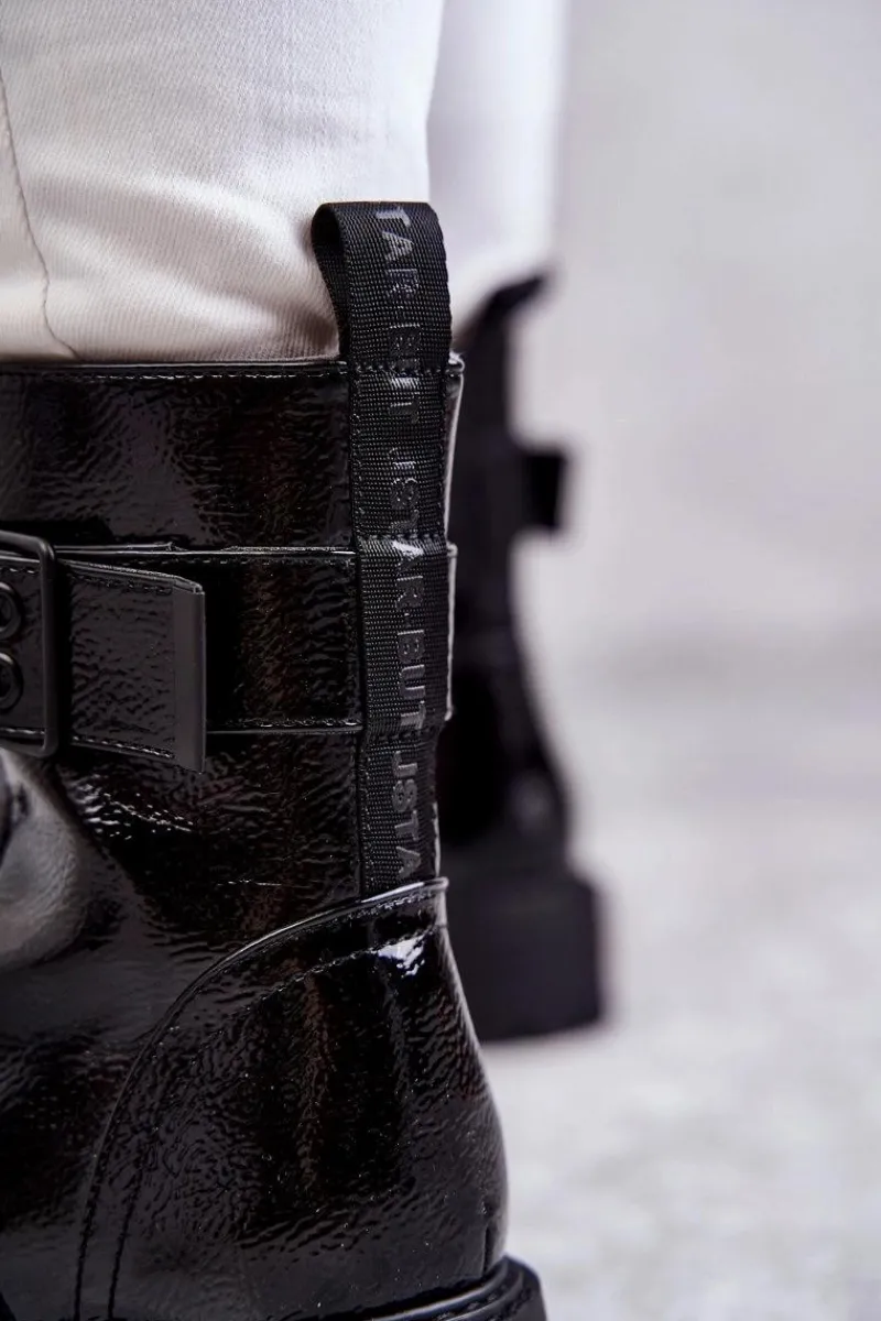 Outlet Damskie Botki Lakierowane Sznurowane Na Płaskim Obcasie Czarne Firmina Damskie Botki Ocieplane|Botki Sznurowane