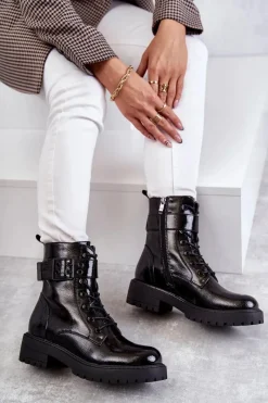 Outlet Damskie Botki Lakierowane Sznurowane Na Płaskim Obcasie Czarne Firmina Damskie Botki Ocieplane|Botki Sznurowane