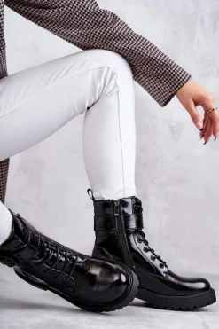 Outlet Damskie Botki Lakierowane Sznurowane Na Płaskim Obcasie Czarne Firmina Damskie Botki Ocieplane|Botki Sznurowane