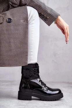 Outlet Damskie Botki Lakierowane Sznurowane Na Płaskim Obcasie Czarne Firmina Damskie Botki Ocieplane|Botki Sznurowane