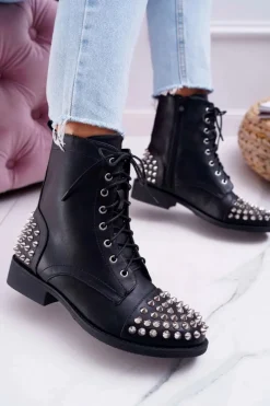 Hot Boto Damskie Botki Lu Boo Czarne Workery z Ćwiekami Tension