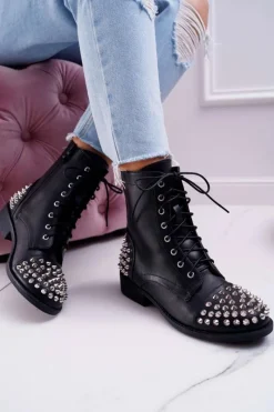 Hot Boto Damskie Botki Lu Boo Czarne Workery z Ćwiekami Tension