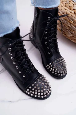 Hot Boto Damskie Botki Lu Boo Czarne Workery z Ćwiekami Tension