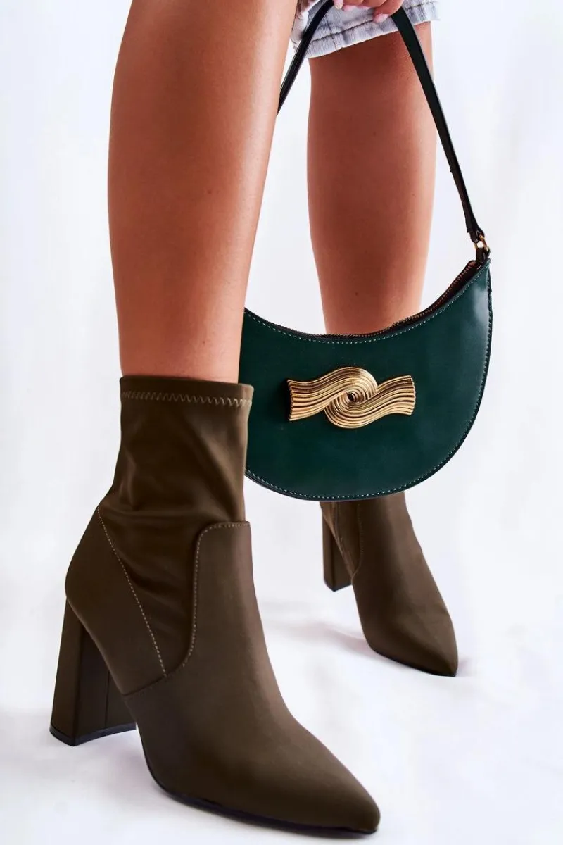 Discount Damskie Botki Materiałowe Na Obcasie Khaki Amile Damskie Botki Wiosenne|Botki Na Słupku