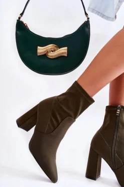 Discount Damskie Botki Materiałowe Na Obcasie Khaki Amile Damskie Botki Wiosenne|Botki Na Słupku