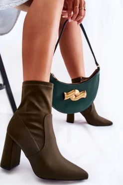 Discount Damskie Botki Materiałowe Na Obcasie Khaki Amile Damskie Botki Wiosenne|Botki Na Słupku