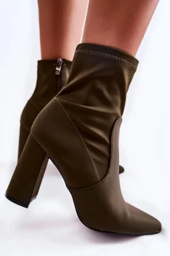 Discount Damskie Botki Materiałowe Na Obcasie Khaki Amile Damskie Botki Wiosenne|Botki Na Słupku