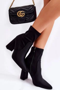 Clearance Boto Damskie Botki Materiałowe Na Obcasie Czarne Amile Czarny