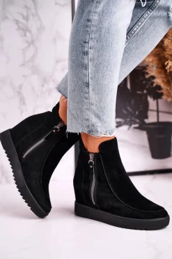 Outlet Damskie Botki Na Koturnie Zamszowe Czarne Silvia Damskie Botki Na Koturnie|Czarne Botki