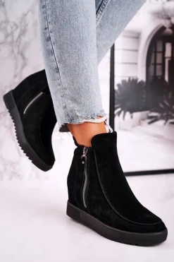 Outlet Damskie Botki Na Koturnie Zamszowe Czarne Silvia Damskie Botki Na Koturnie|Czarne Botki