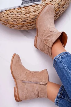 Outlet Damskie Botki Na Koturnie Beżowe Evana Damskie Botki Na Koturnie|Botki Zimowe Damskie