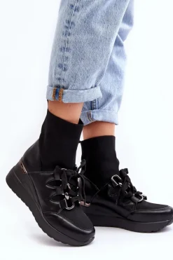 Best Damskie Botki Na Koturnie Ze Skarpetą Czarne Helladina Damskie Botki Na Koturnie|Czarne Botki