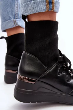 Best Damskie Botki Na Koturnie Ze Skarpetą Czarne Helladina Damskie Botki Na Koturnie|Czarne Botki