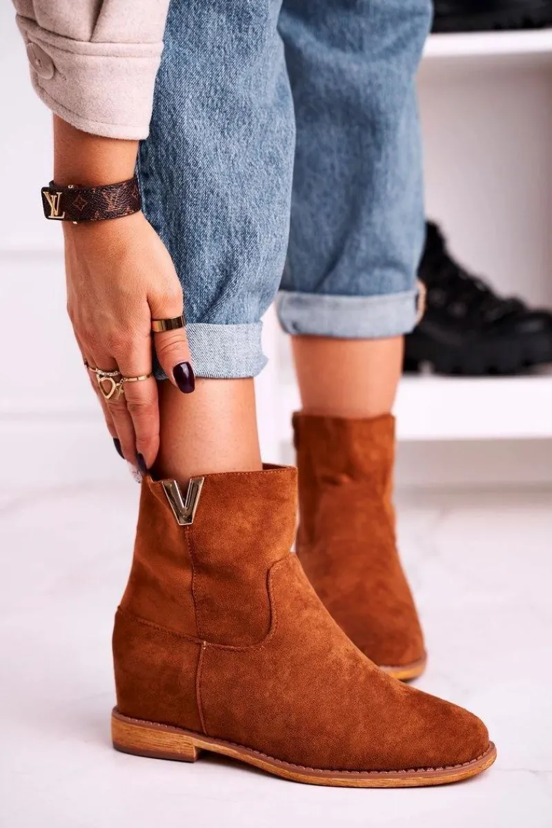 Outlet Boto Damskie Botki Na Koturnie Zamszowe Brązowe Vanya