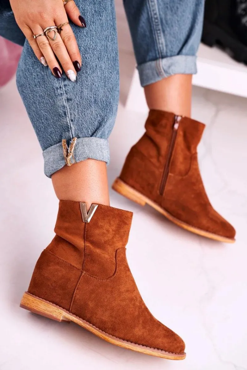 Outlet Boto Damskie Botki Na Koturnie Zamszowe Brązowe Vanya