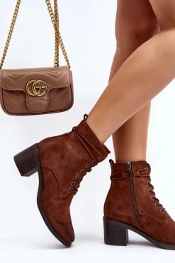 Outlet Damskie Botki Na Niskim Obcasie Sznurowane Brązowe Serellia Damskie Brązowe I Beżowe Botki|Botki Na Obcasie