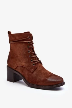 Outlet Damskie Botki Na Niskim Obcasie Sznurowane Brązowe Serellia Damskie Brązowe I Beżowe Botki|Botki Na Obcasie