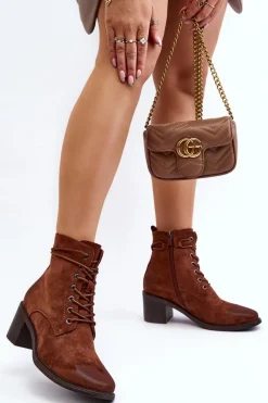 Outlet Damskie Botki Na Niskim Obcasie Sznurowane Brązowe Serellia Damskie Brązowe I Beżowe Botki|Botki Na Obcasie