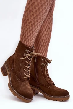 New Damskie Botki Na Niskim Obcasie Sznurowane Brązowe Adinail Damskie Botki Ocieplane|Brązowe I Beżowe Botki