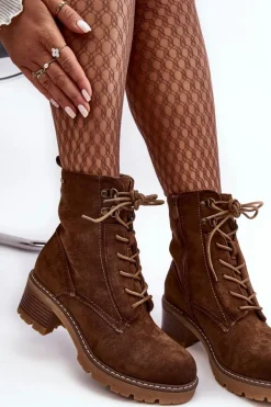 New Damskie Botki Na Niskim Obcasie Sznurowane Brązowe Adinail Damskie Botki Ocieplane|Brązowe I Beżowe Botki