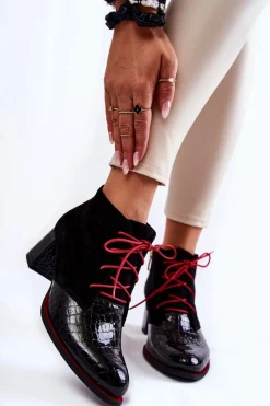 New Damskie Botki Na Niskim Słupku Czarne Ebba Damskie Botki Sznurowane|Botki Na Słupku