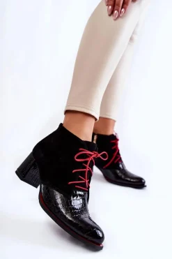 New Damskie Botki Na Niskim Słupku Czarne Ebba Damskie Botki Sznurowane|Botki Na Słupku