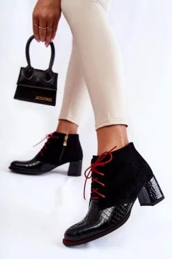 New Damskie Botki Na Niskim Słupku Czarne Ebba Damskie Botki Sznurowane|Botki Na Słupku