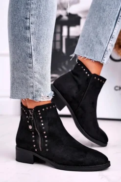Outlet Damskie Botki Na Obcasie Nity Czarne Control Damskie Czarne Botki|Botki Zimowe Damskie
